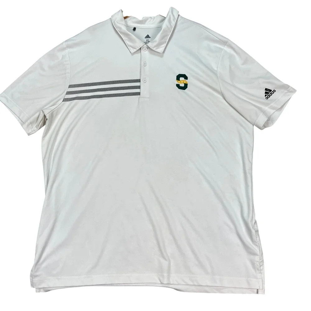 Adidas Polo Shirt Men XL White Short Sleeve‎ Golf Performance 3 Stripe LOGO